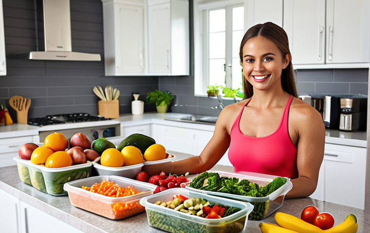 **
Prompt: A vibrant, colorful meal prep scene. Containers filled with healthy, balanced meals (fruits, vegetables, lean protein). A person smiling, looking organized and prepared in a modern, well-lit kitchen. Focus on the freshness and variety of ingredients. Healthy lifestyle, food preparation, organizational skills.
**