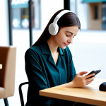 A young professional woman in modest, comfortable attire, focused on her smartphone, wearing headphones, sitting at a clean, modern cafe table. She is engaging with a language learning app, possibly with a coffee cup beside her. The background shows a softly blurred, inviting cafe atmosphere with subtle natural light. Her posture is natural and relaxed, showing perfect anatomy, correct proportions, and well-formed hands. The image should convey a sense of calm productivity. This is appropriate content, fully clothed, safe for work, and family-friendly professional photography, ensuring high quality and natural body proportions.