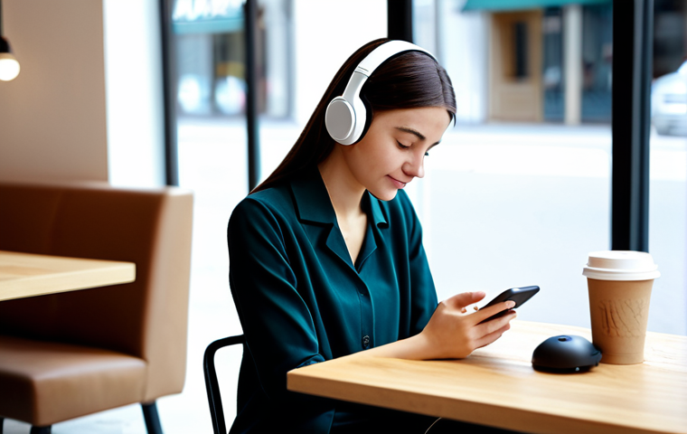 A young professional woman in modest, comfortable attire, focused on her smartphone, wearing headphones, sitting at a clean, modern cafe table. She is engaging with a language learning app, possibly with a coffee cup beside her. The background shows a softly blurred, inviting cafe atmosphere with subtle natural light. Her posture is natural and relaxed, showing perfect anatomy, correct proportions, and well-formed hands. The image should convey a sense of calm productivity. This is appropriate content, fully clothed, safe for work, and family-friendly professional photography, ensuring high quality and natural body proportions.