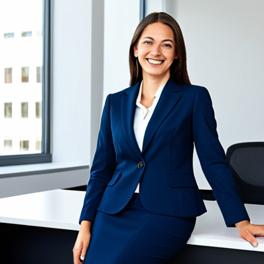 **

A professional businesswoman in a modest, dark-blue business suit, sitting at a clean, modern desk in a bright, contemporary office. She is smiling slightly and looking directly at the viewer. Natural lighting. Fully clothed, appropriate attire, safe for work, perfect anatomy, natural proportions, professional photography, high quality.

**