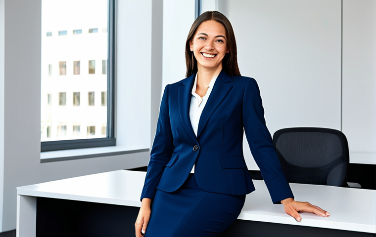**
A professional businesswoman in a modest, dark-blue business suit, sitting at a clean, modern desk in a bright, contemporary office. She is smiling slightly and looking directly at the viewer. Natural lighting. Fully clothed, appropriate attire, safe for work, perfect anatomy, natural proportions, professional photography, high quality.
**