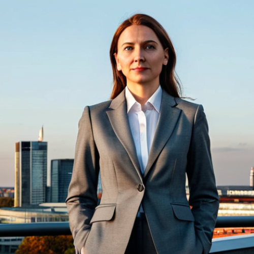 Home 20 ** A professional businesswoman in a tailored, modest grey suit, standing confidently in front of the Berlin skyline at sunrise, fully clothed, appropriate attire, safe for work, perfect anatomy, natural proportions, corporate photography, high quality, professional.
**