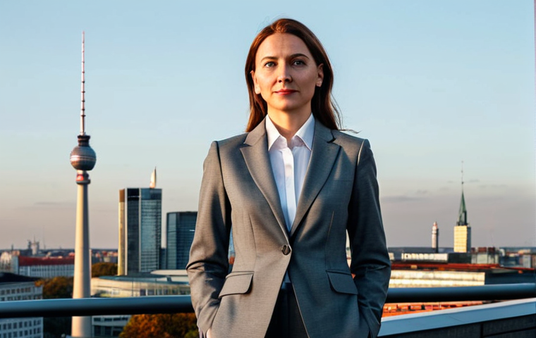 ** A professional businesswoman in a tailored, modest grey suit, standing confidently in front of the Berlin skyline at sunrise, fully clothed, appropriate attire, safe for work, perfect anatomy, natural proportions, corporate photography, high quality, professional.
**