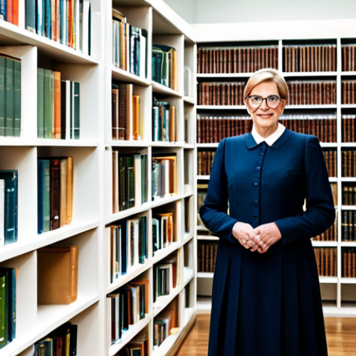Home 19 **
"A German librarian in a modest, professional dress, standing in a bright and organized library, surrounded by bookshelves filled with books in German, fully clothed, appropriate attire, safe for work, perfect anatomy, natural proportions, professional photography, high quality, family-friendly environment."
**