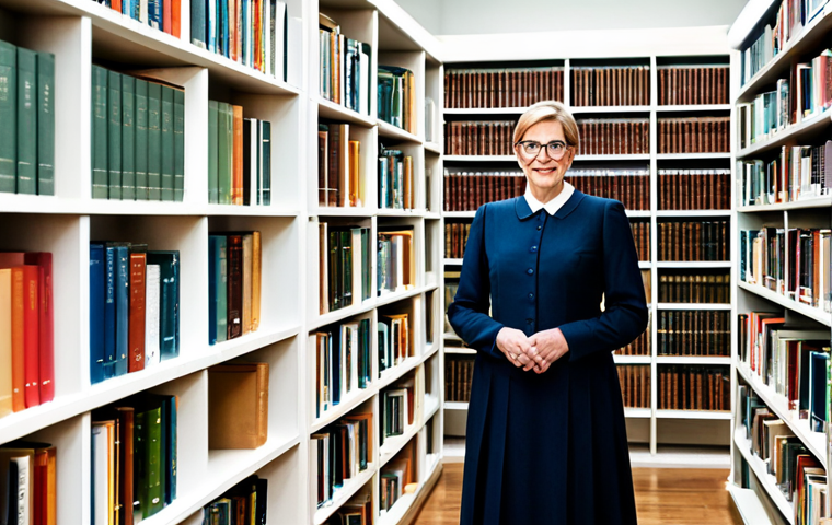 **
"A German librarian in a modest, professional dress, standing in a bright and organized library, surrounded by bookshelves filled with books in German, fully clothed, appropriate attire, safe for work, perfect anatomy, natural proportions, professional photography, high quality, family-friendly environment."
**
