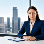 스페인어 인사말과 예절 표현 - Professional Businesswoman**

"A professional businesswoman in a modest dark blue business suit, sit...