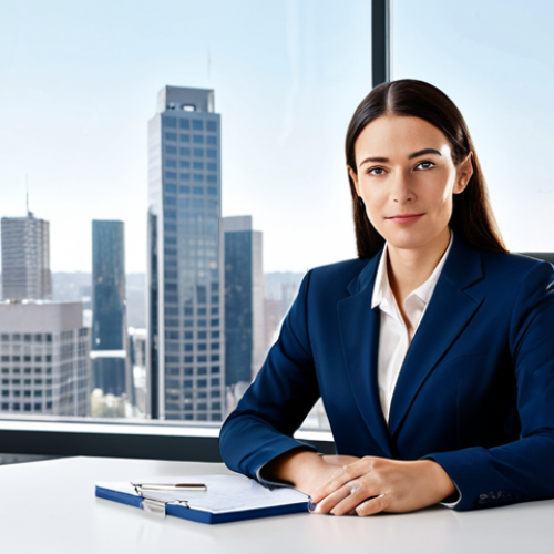 Home 7 스페인어 인사말과 예절 표현 - Professional Businesswoman**
"A professional businesswoman in a modest dark blue business suit, sit...
