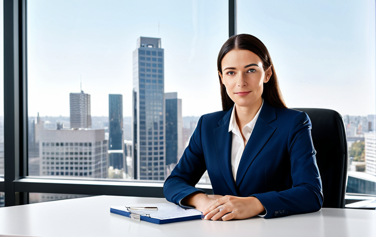 스페인어 인사말과 예절 표현 - Professional Businesswoman**
"A professional businesswoman in a modest dark blue business suit, sit...