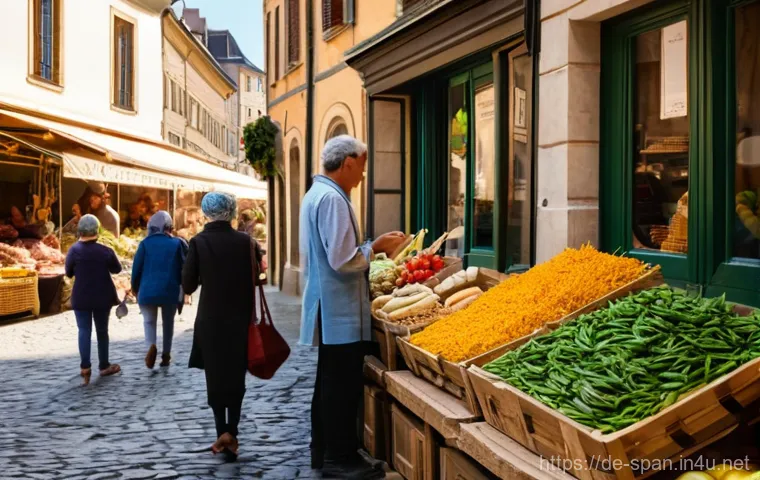 스페인어 속어와 비속어 정리 - **Prompt:** A bustling, sun-drenched European street market in a charming old town square. Vendors, ...