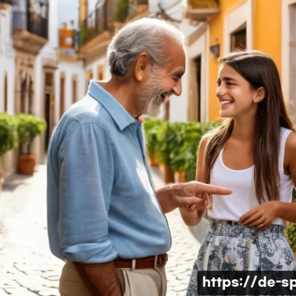 스페인어 감탄문 표현 - A heartwarming scene on a sunny, cobbled street in the historic center of Seville, Spain. An older, ...