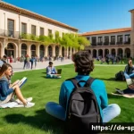 Home 22 스페인어로 유학 가는 방법 - A vibrant university campus scene in Spain during springtime, showcasing a diverse group of internat...