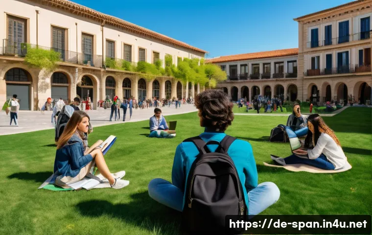 스페인어로 유학 가는 방법 - A vibrant university campus scene in Spain during springtime, showcasing a diverse group of internat...