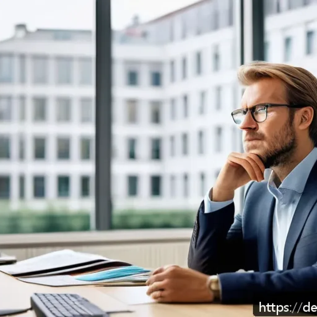 스페인어 속담과 명언 - A serene scene of a modern German office worker practicing patience during a hectic day: a middle-ag...