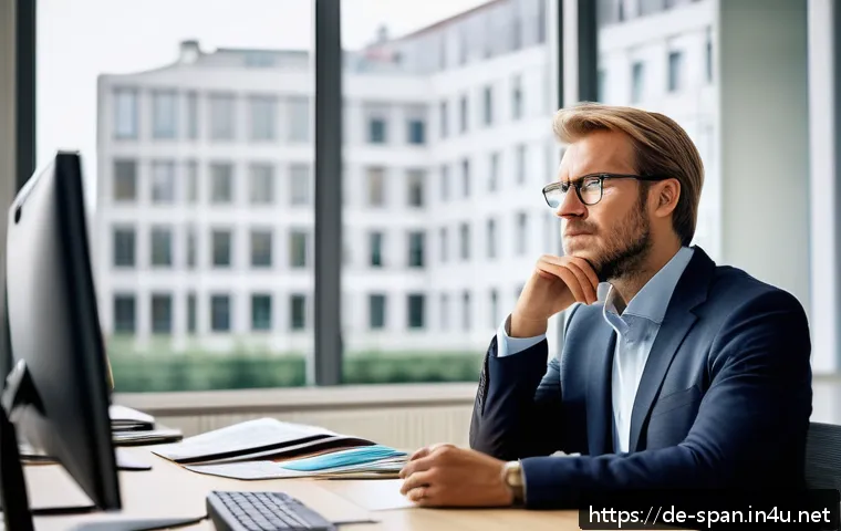 스페인어 속담과 명언 - A serene scene of a modern German office worker practicing patience during a hectic day: a middle-ag...
