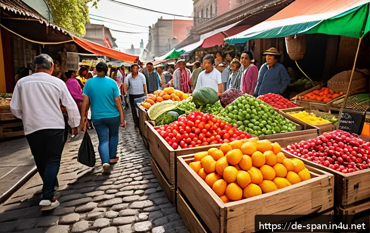 스페인어권 국가별 생활비 비교 - A vibrant street market scene in Mexico City featuring colorful fresh fruits, vegetables, and local ...