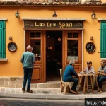 Home 23 스페인어 시계 읽는 법 - A cozy Spanish café scene in the afternoon, showing a diverse group of people chatting and checking ...