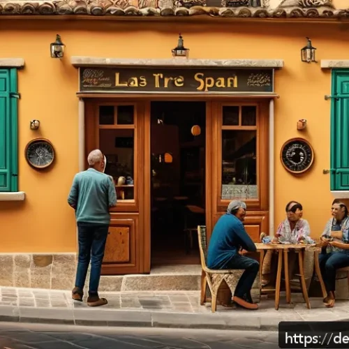 Home 17 스페인어 시계 읽는 법 - A cozy Spanish café scene in the afternoon, showing a diverse group of people chatting and checking ...