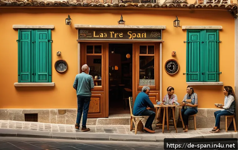 스페인어 시계 읽는 법 - A cozy Spanish caf&eacute; scene in the afternoon, showing a diverse group of people chatting and checking ...